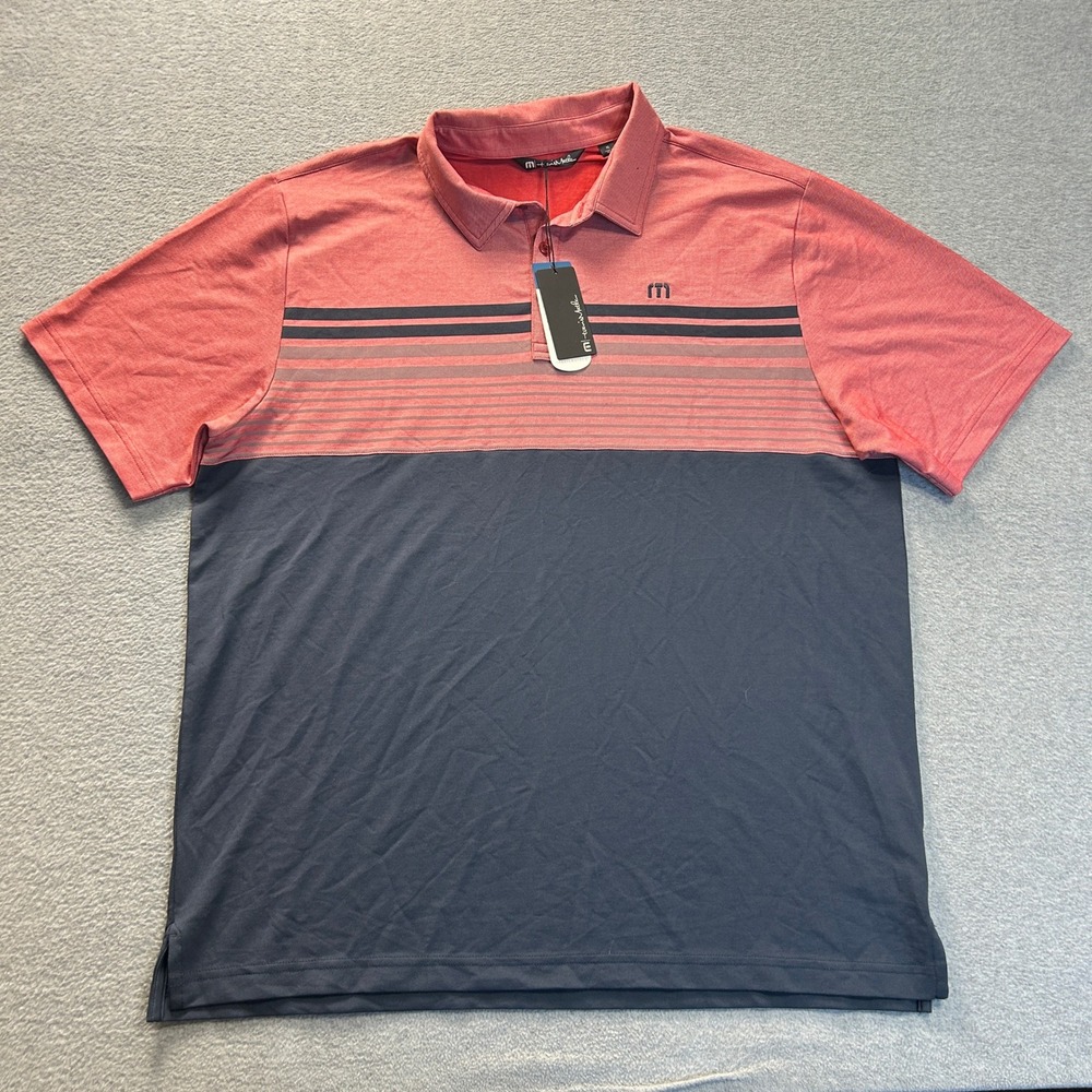 TravisMathew Golf Polo Mens XL Performance Coral Navy Stripe Stretch Shirt